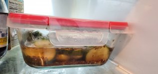 A sealed glass container of sliced pickles on a refrigerator shelf.