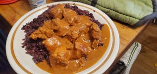 A plate containing butter chicken and brown rice.