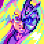 Pixel art portrait of Mintia from Xenosaga Episode I in a bright neon palette
