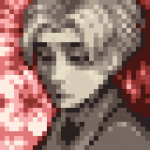 Pixel art of Jan from Xenosaga Pied Piper in monochrome against a red-toned background of flowers and abstract bloodstains