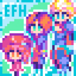 Pixel art of MOMO, Juli, and Ziggy in bright neon colors