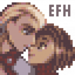 32x pixel illustration of Ziggy and Juli in profile, facing each other