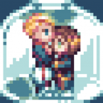 32x pixel art of Ziggy and Juli standing together inside a clear glass jar or bottle