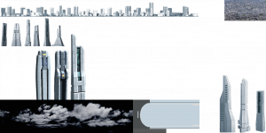 A series of flat image textures depicting city buildings at various sizes and distances, as well as a faraway view of a cityscape and some textures representing clouds and a windowpane.
