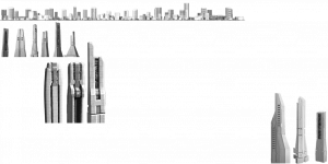The same texture map as the previous image, showing only the buildings, in grayscale.