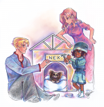 Digital and colored pencil drawing of Jan, Sharon, and Joaquin from Xenosaga Pied Piper, building a house for their dog, Nex.