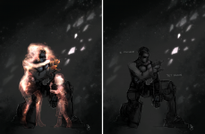 Left: Digital drawing of Ziggy from Xenosaga, kneeling with his right hand outstretched, in monochrome against a dark grey background filled with floating dust. Glowing figures resembling his deceased wife Sharon and son Joaquin embrace him as they fade away. / Right: A version of the previous drawing in which Sharon and Joaquin are not visible and the words 'I failed yet again' are written in their places.