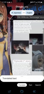 Screenshot from Google Lens showing a machine translation of a page about Xenosaga Episode I. The translated text reads in part: What is the profound theme in the title? / Der Wille zu 'Xenosaga' is a magnificent epic that depicts the universe from its creation to its demise. the first  The episode corresponds to this work, 'Episode I Will to Ka'. This subtitle is also a theme, and it is based on Niehe's words, 'All humans are driven by the will to power.' Actions of all the characters Dominating the world, trying to escape from its grip, oppressing others, or healing. It will continue. This topic is explained here. / 'Episode I' story  'The stage is about 4,000 years in the future. This era. It forms a star cluster federation consisting of about 500,000 nations at the top. On the other hand, the earth was about to be forgotten from people's memories as a forbidden land. In 'Episode 1', Shion Uzuki, a member of the mighty power 'Vector' belonging to the Federation of Star Clusters, becomes involved in a dispute over the development of the 'Event Transformation Engine Zohar', and eventually becomes independent after being tossed about. It depicts the process of taking action on one's own will.