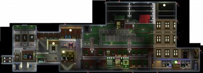 Composite screenshot of a large space station in Starbound, decorated to resemble Sectors 26 and 27 of the Foundation