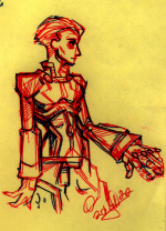 Black and red ink sketch of Ziggurat 8 from Xenosaga, on yellow paper