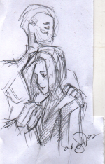 Pencil sketch of Ziggy standing behind Juli with his left hand on her shoulder and his right hand holding hers.