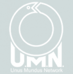 The U.M.N. logo from Xenosaga, consisting of a simplified depiction of a snake biting its own tail, with the initials U.M.N. and Unus Mundus Network printed below; on a light grey/green background.