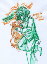 Green and orange fountain pen sketch of Melisse Ortus lying on her side holding Nex, and the lyrics 'someday I will be reborn' written on either side.