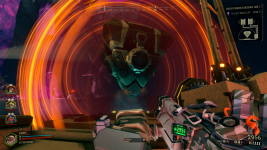 Scene from Deep Rock Galactic showing a machine shaped like an upside down pyramid