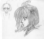 Pencil sketches of MOMO from Xenosaga Episode I in an exaggerated shoujo manga style
