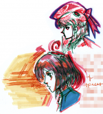 Two drawings of MOMO in profile, in her outfits from XSIII and XSI respectively.