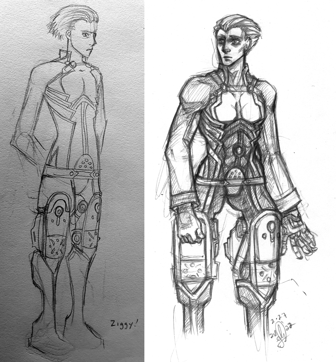 Two pencil sketches of Ziggurat 8 from Xenosaga, the first drawn in 2003 or 2004 and the second in 2022.
