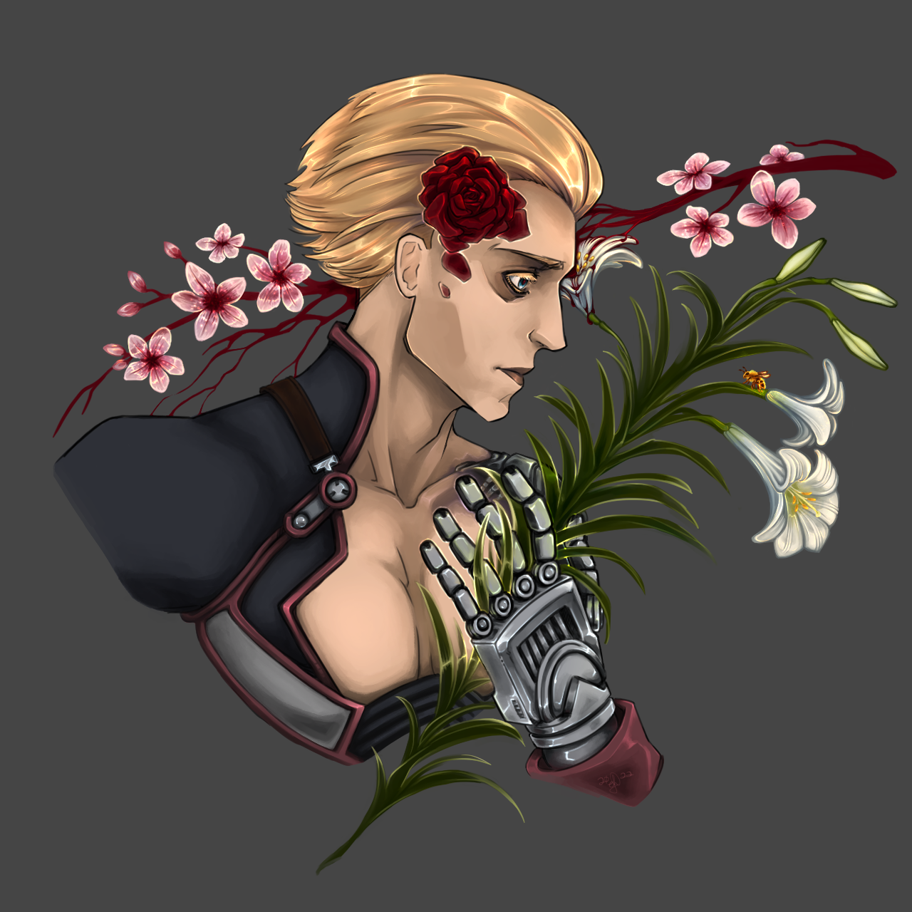 Digital drawing of Ziggurat 8 from Xenosaga, from the chest and shoulders up, in profile facing to his left. There is a dark red rose flower resting on the side of his head, and he is holding a stem of white lilies in his left hand. Behind his head is a red tree branch resembling a blood vessel, with several peach blossoms. Blood from the branch leaks down onto a lily flower close to his face. A bee is resting on another of the lily flowers.