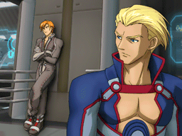 A scene from the DS game Xenosaga I + II. Ziggy stands in the foreground looking over his shoulder at Canaan, who is leaning against a wall in the background.