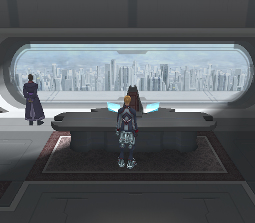 A screen capture from Xenosaga Episode II, showing the interior of Representative Helmer's office on Second Miltia. Helmer stands facing a large window overlooking the city, to the left of his desk. Ziggy is also visible as the on-screen player character, standing in front of the desk.